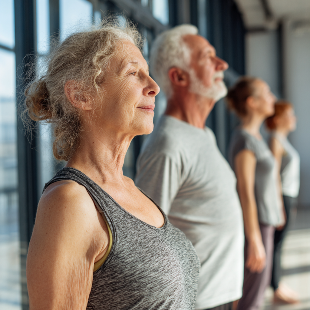 Middle-aged adults practicing functional movement exercises in natural light