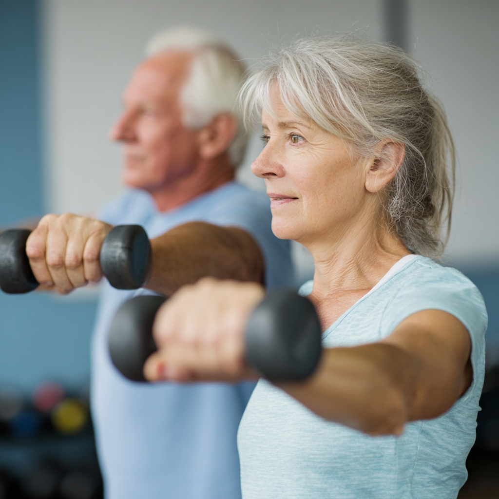 Older adults engaging in balanced strength training with mindful focus